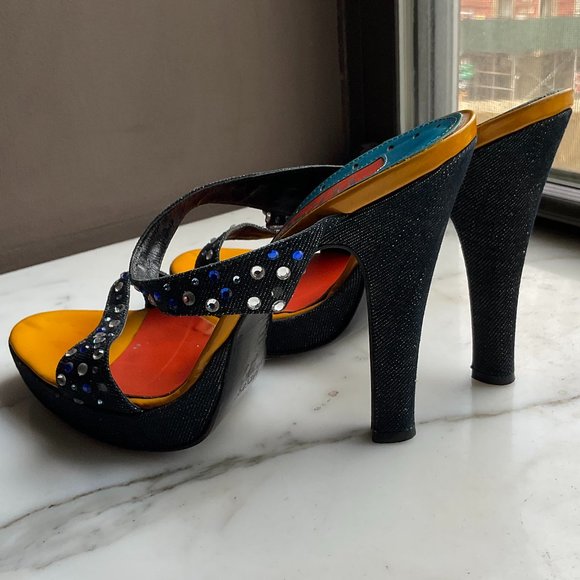vintage VERSUS embellished denim and orange patent leather platform sandals - Picture 3 of 7